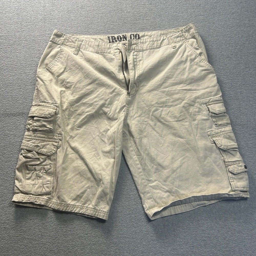 Iron Co. Cargo Shorts Mens Size 36 Beige Cotton Utility Multi Pocket Casual